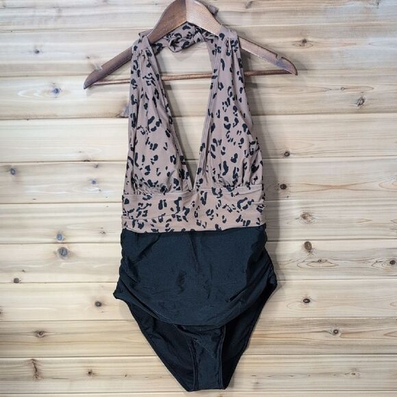 Cupshe One Piece Swimsuit Leopard/ Black Plunge NWT - Picture 1 of 6